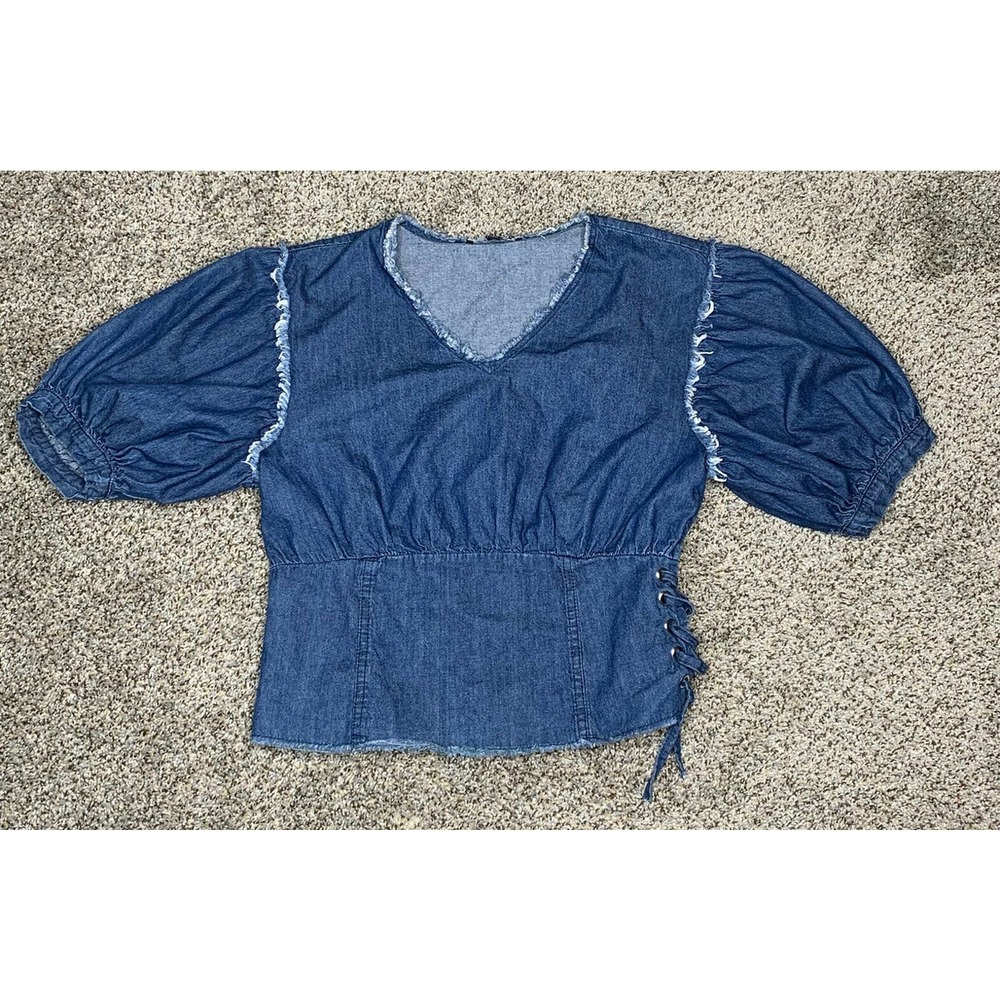 MOELLEUX Anthro Cotton Puff Sleeve Denim Blouse S